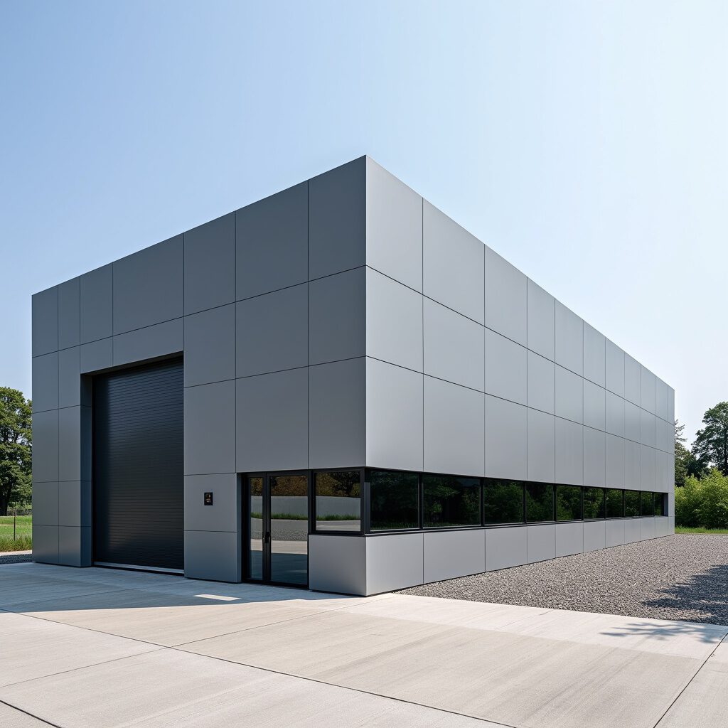bedrijfhal met plaatwerk grijs