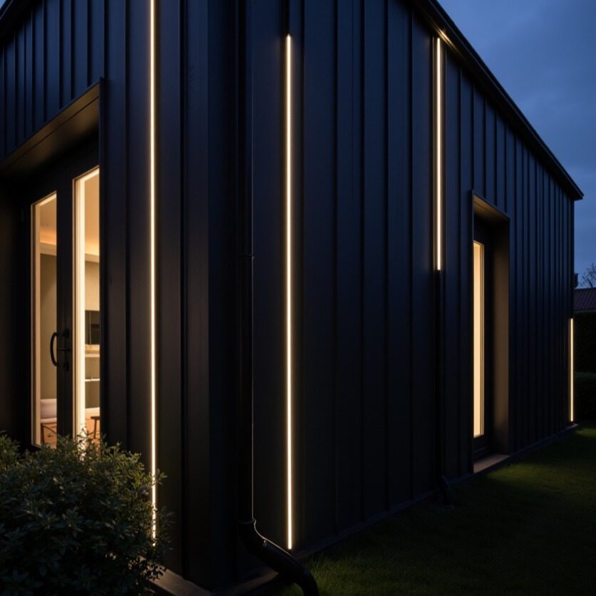 donker houten gevel met vertical verlichting