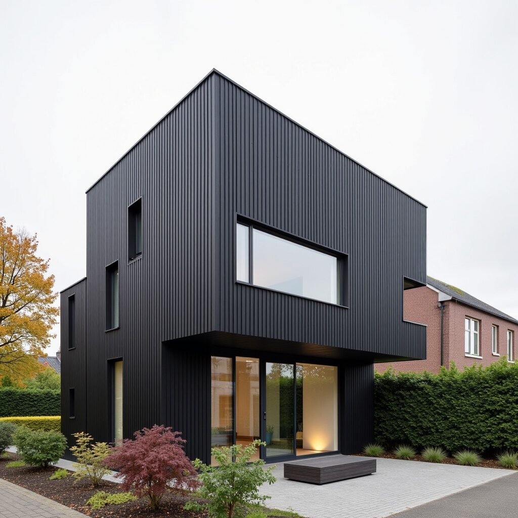 donker woning met houtendelen uitspringend