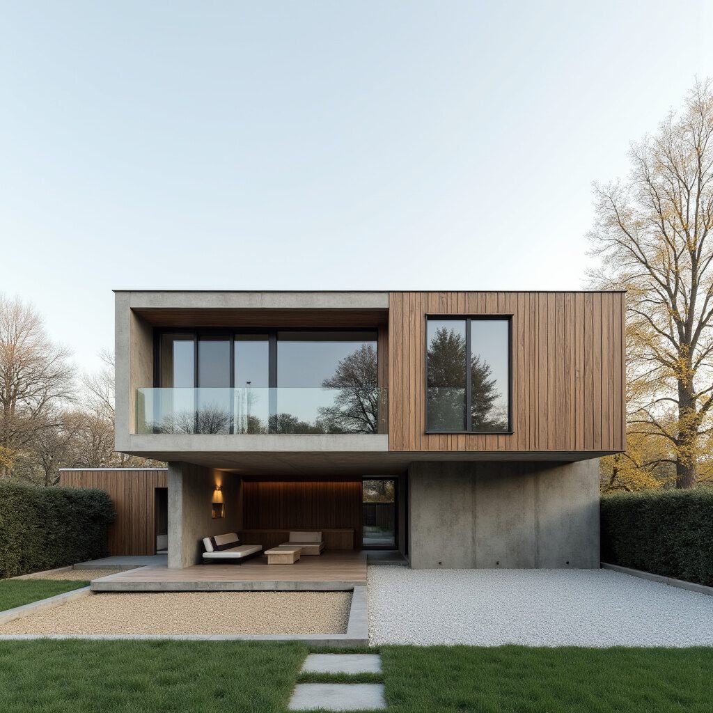 kubic villa met houtendelen en beton